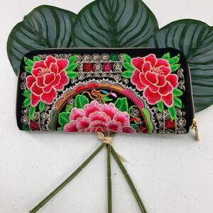 Unbranded Black Pink White Gold Light Embroidered Rose Lace Zip Around Wallet